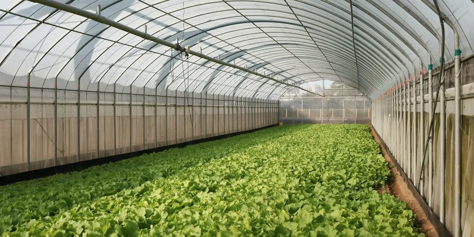 Invernadero comercial con cultivo de hoja y tubería de riego a lo largo del techo