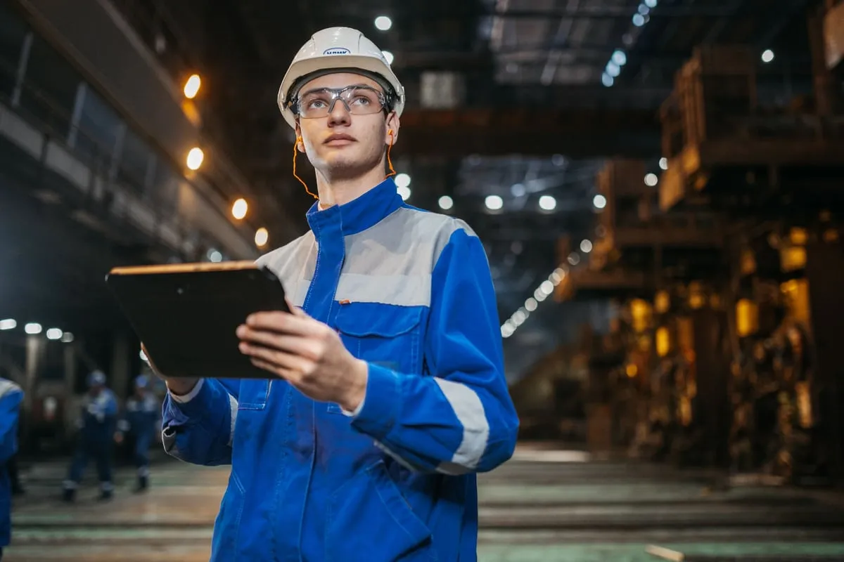 Técnico con casco revisando documentación sobre una carpeta en una nave industrial
